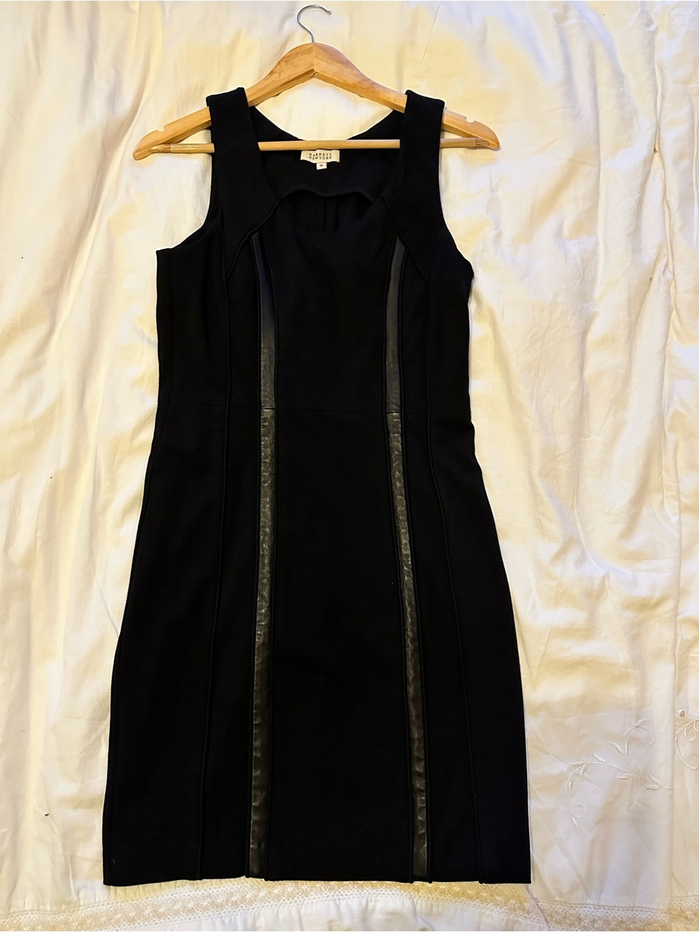 Barneys New York Black Midi Dress with Faux-Leather Trim